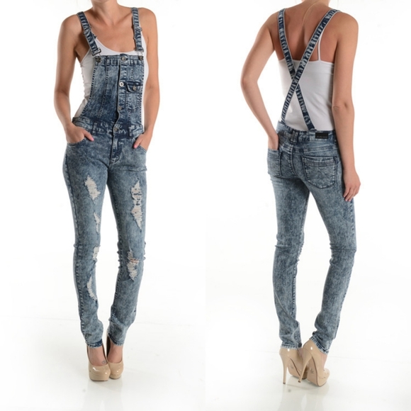 New Acid wash destroyed jean denim overall Dungree jumpsuit size Large - Picture 1 of 8